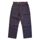 The VN000KXMY7U Skate Check 5 Loose After Dark Denim Vans Pant features heavyweight, dark wash straight-leg jeans with five pockets, belt loops, and a visible red tag, laid flat on a white background.