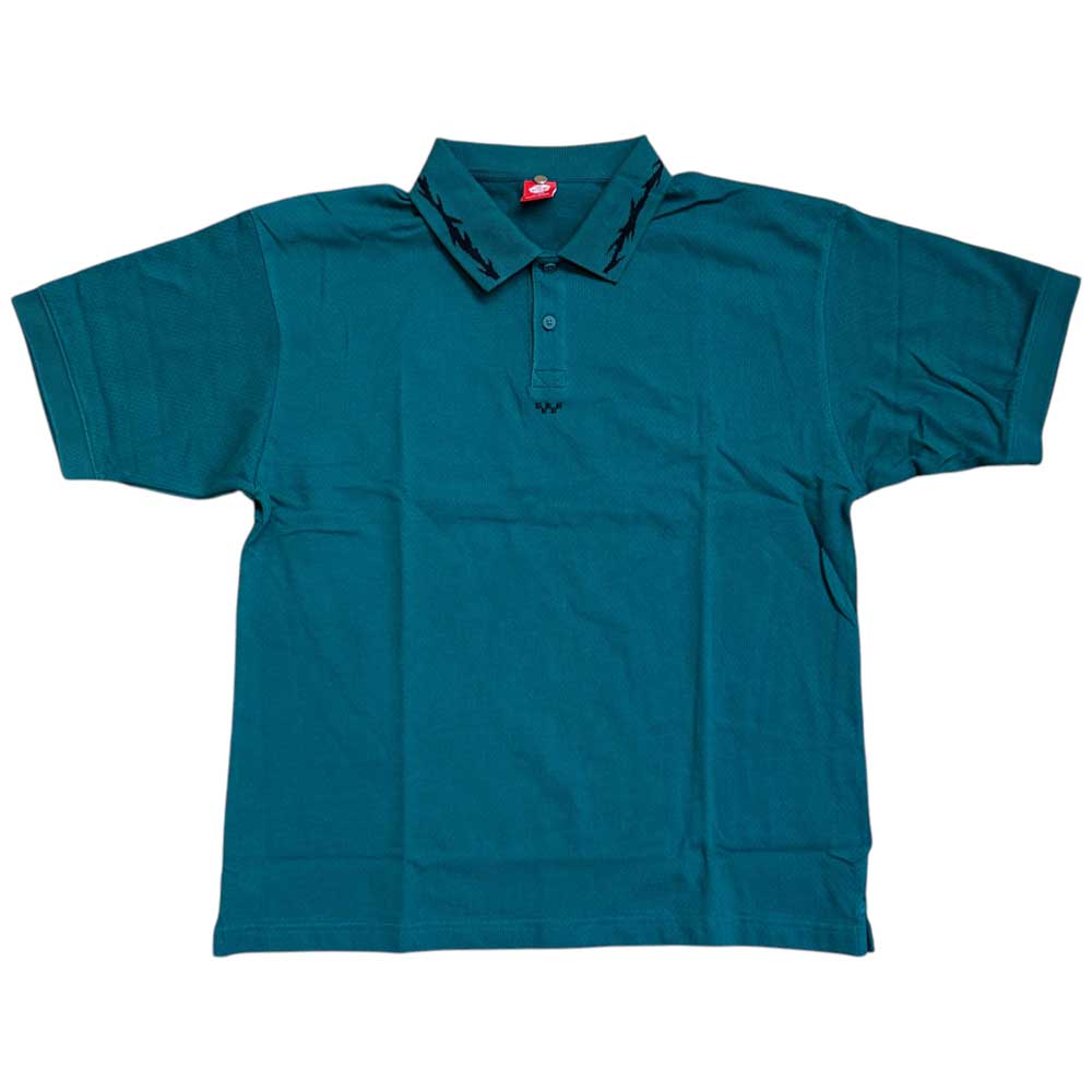 The VN000KYUCI21 Rain Forest Skate Mesh Polo by Vans is a teal short sleeve pique polo with a collar and front buttons, shown laid flat to highlight its simple, classic design.