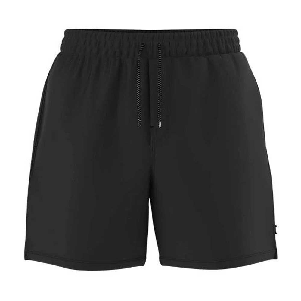 VN000M3HBLK1 Primary Cargo Loose Elastic Board Shorts by Vans in black, shown from the front on a white background. These water-resistant shorts feature an elastic waistband with drawstring and a simple, logo-free design.