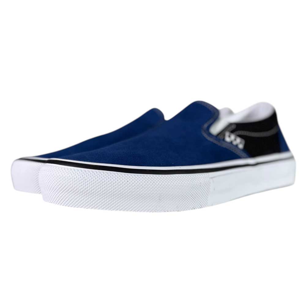 The VN0A2Z31Y40 Sport Blue Black Skate Slip On Vans Suede Shoes feature durable blue canvas uppers, black heel accents, white rubber soles, and white side detailing, displayed from a low front angle on a white background.