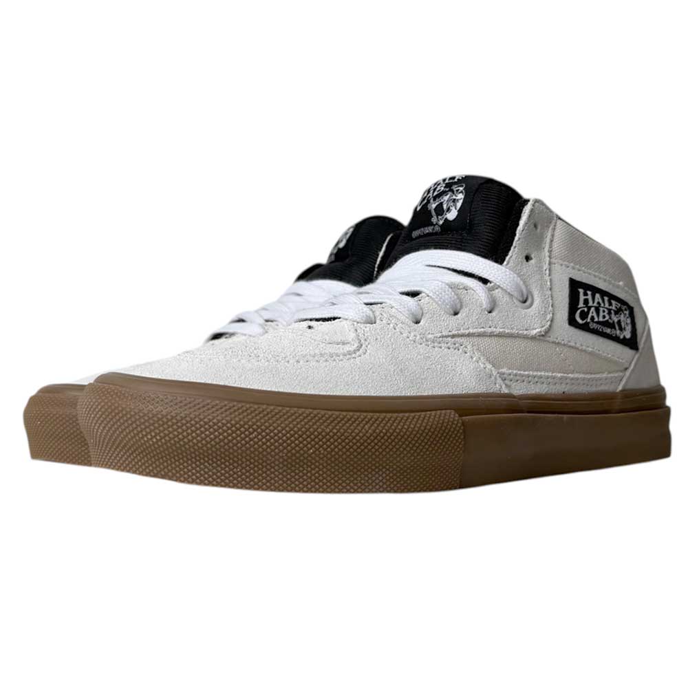 The VN0A2Z348YG Antique White Gum Suede Skate Half Cab Vans Shoes feature white suede uppers, light brown gum soles, black tongue labels, Half Cab side branding, and PopCush footbeds for comfort, shown on a plain white background.