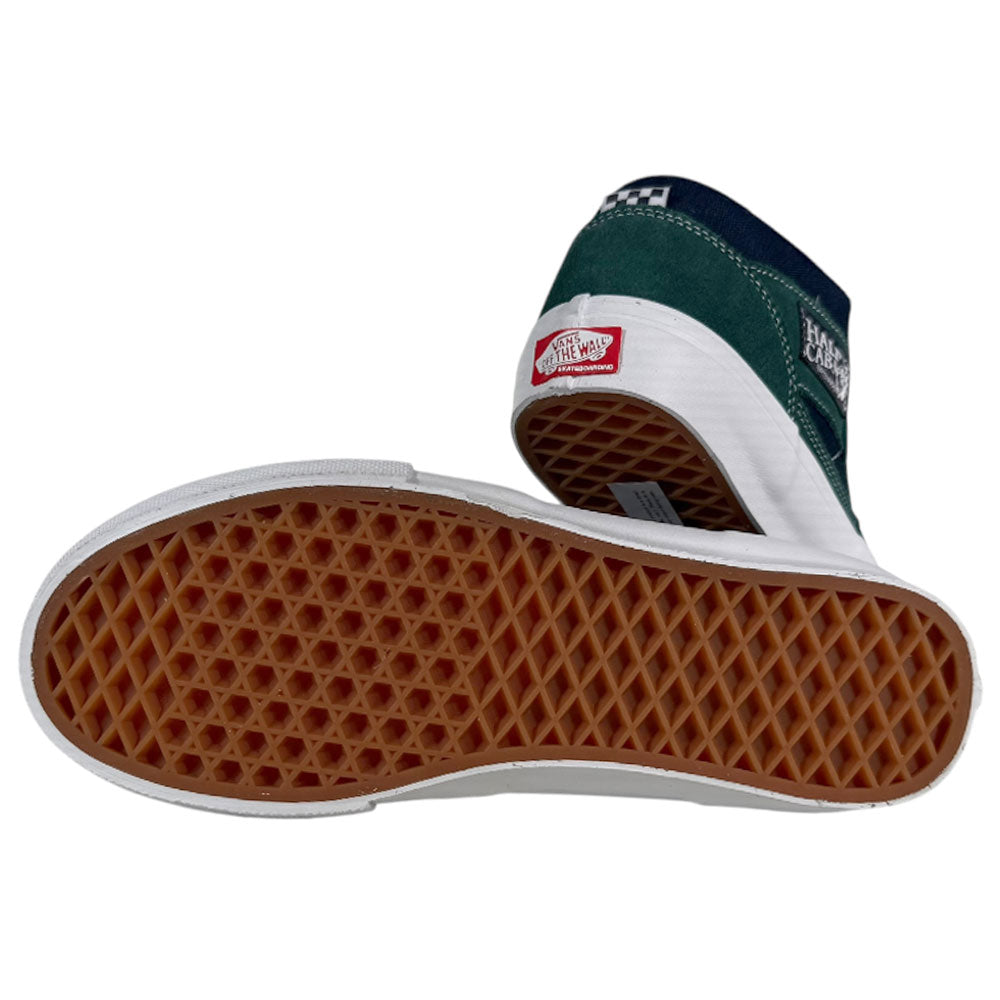 A pair of VN0A2Z34BLG Tartan Blue Green Suede Skate Half Cab Vans shoes: one reveals the brown waffle-pattern sole, the other shows the green and blue upper, red Off the Wall logo, and PopCush footbeds for comfort.