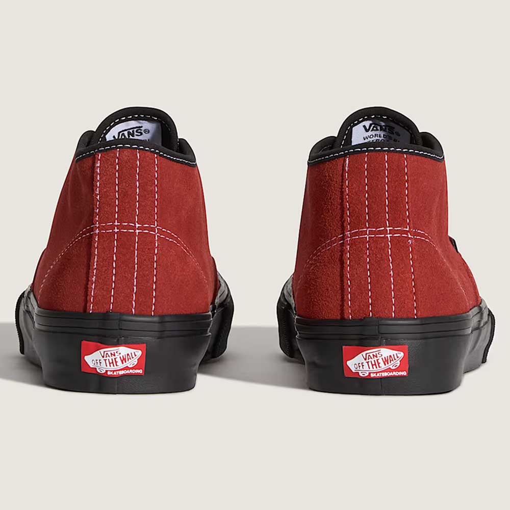 A pair of Vans Authentic Mid VN000EEQGWR1 Poppy Ember Red Suede Skateboard Shoes with black vulcanized rubber outsoles and white stitching, shown from the back. “Vans Off The Wall” logos appear on both heels.