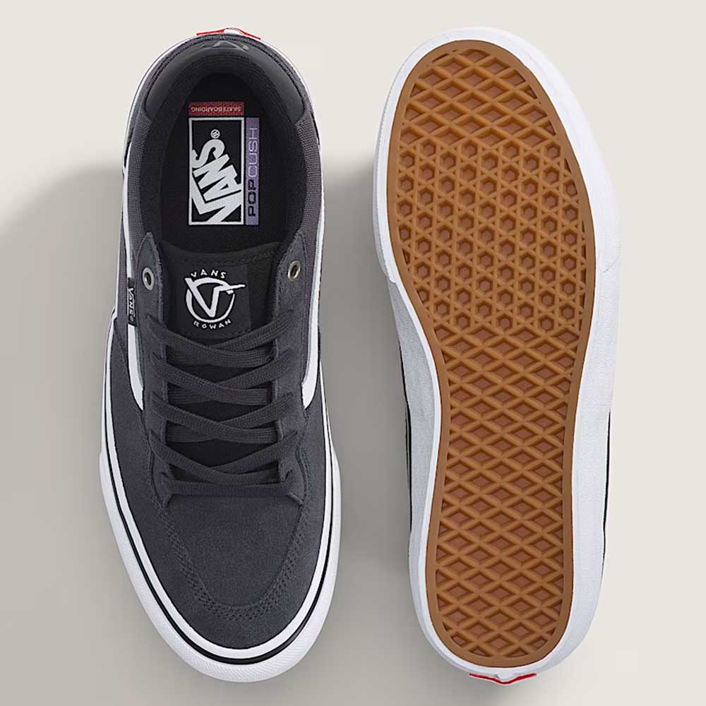 A pair of Vans Rowan Charcoal Gray VN0A5JICH911 Suede shoes, with one shoe photographed from the top showcasing the laces and iconic logo, and the other revealing the signature brown waffle sole—set against a light background—making them an ideal, durable choice for every skater.