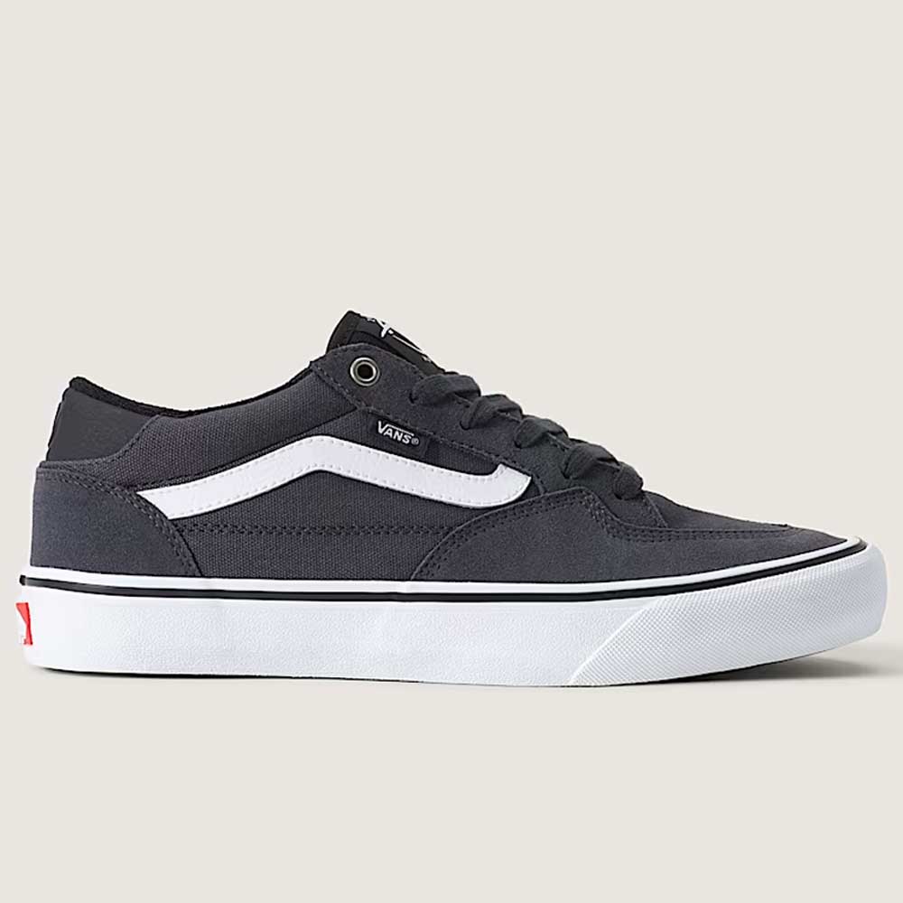 A pair of Vans Rowan Charcoal Gray VN0A5JICH911 suede skate shoes featuring a white side stripe, white sole, black laces, and a small Vans logo tag on the side, displayed on a plain light background—ideal for anyone looking for durable skate shoes.