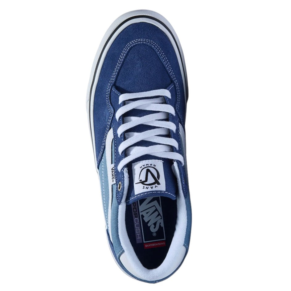 Top-down view of a navy blue Vans Rowan True Navy VN0A5JIC5TU Suede Skateboarding shoe with white laces and a white rubber sole.