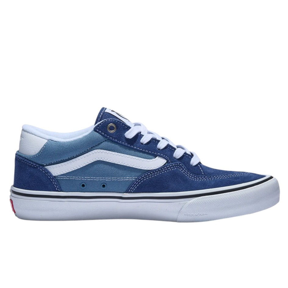 Vans Rowan True Navy VN0A5JIC5TU suede low-top skateboarding shoe in navy blue with a white side stripe and white rubber sole.