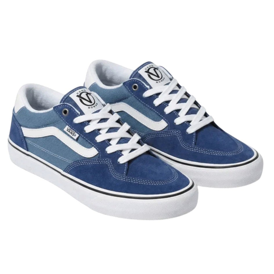 Vans Rowan True Navy VN0A5JIC5TU suede skate shoes in a low-top silhouette featuring blue suede, white laces, and a white rubber sole.
