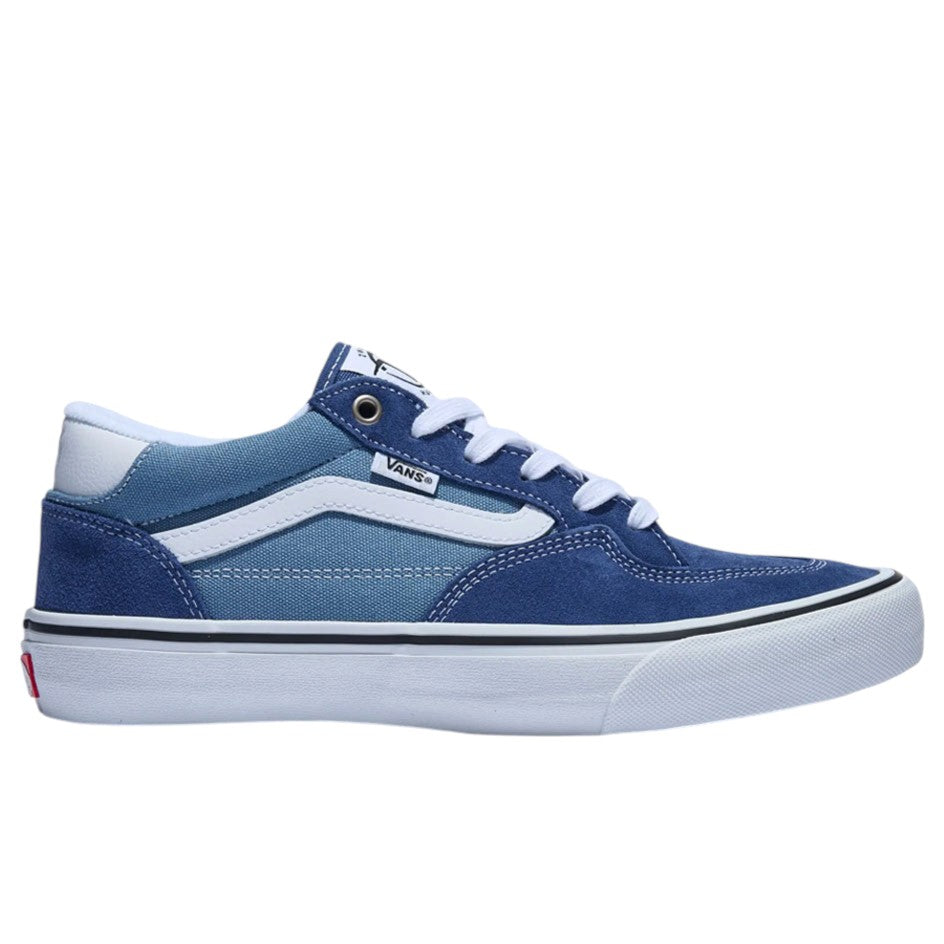 Vans Rowan True Navy VN0A5JIC5TU suede skate shoes in low-top navy blue with a white side stripe, white laces, and a white rubber sole.