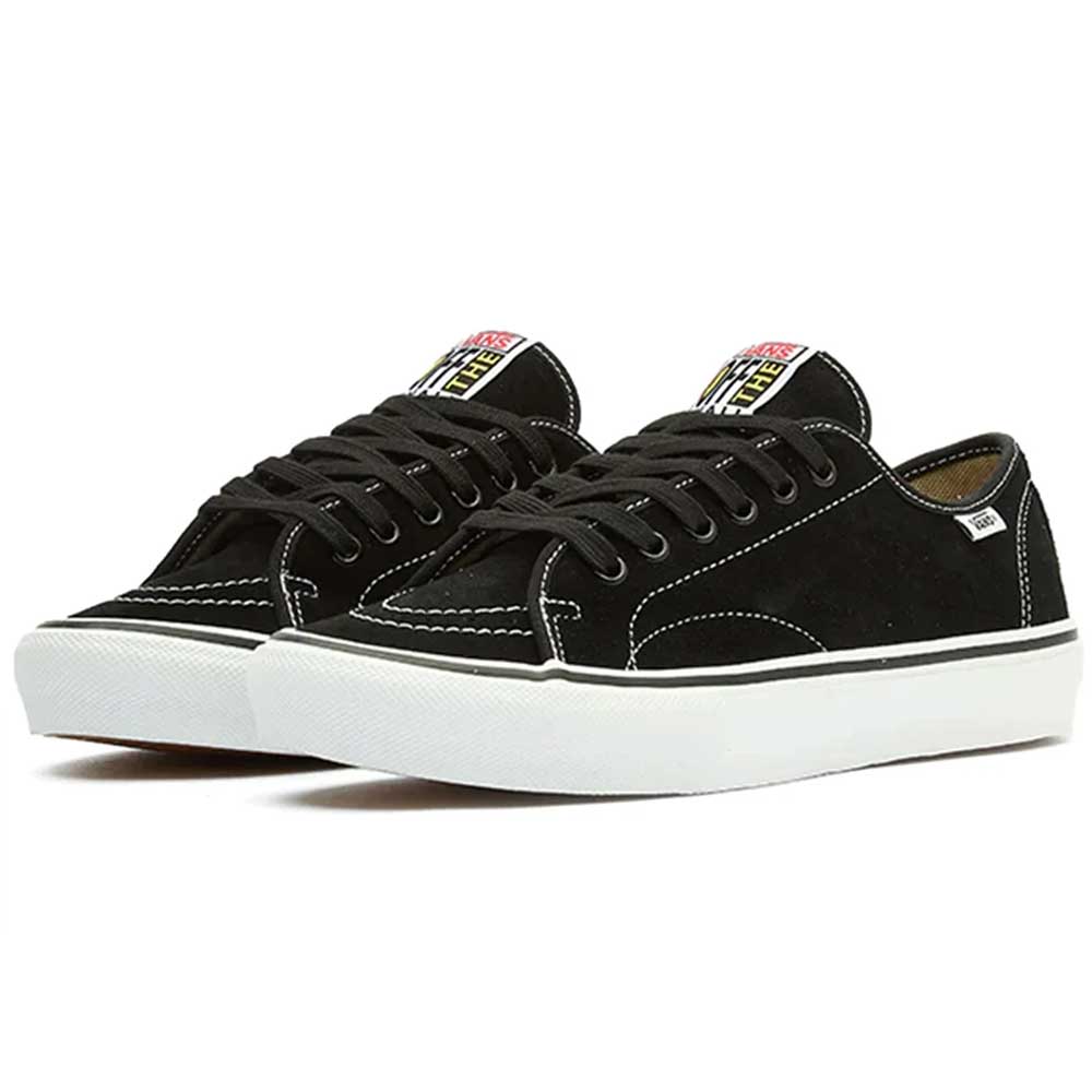 A pair of Vans Skate AVE Classic Black White VN000Y1NBA2 Suede Skateboard Shoes—black low-top sneakers with white stitching, black laces, and white rubber soles featuring Wafflecup construction for enhanced stability—are displayed side by side on a white background.