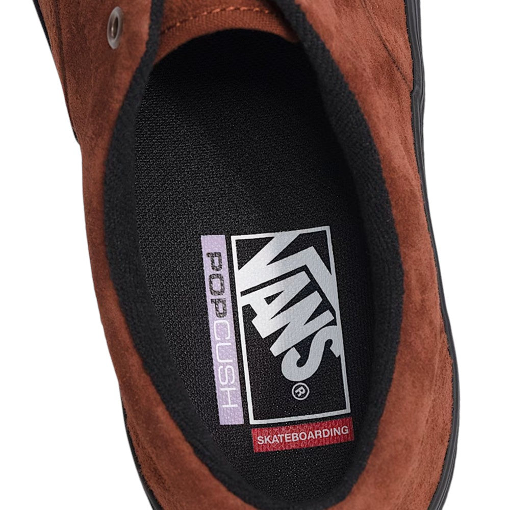 Interior view of Vans Skate Era Black Rust VN000ECR8D3 Suede Rubber Skateboarding Shoes in rust-colored suede, featuring a black PopCush footbed with a white logo and text reading Skateboarding.
