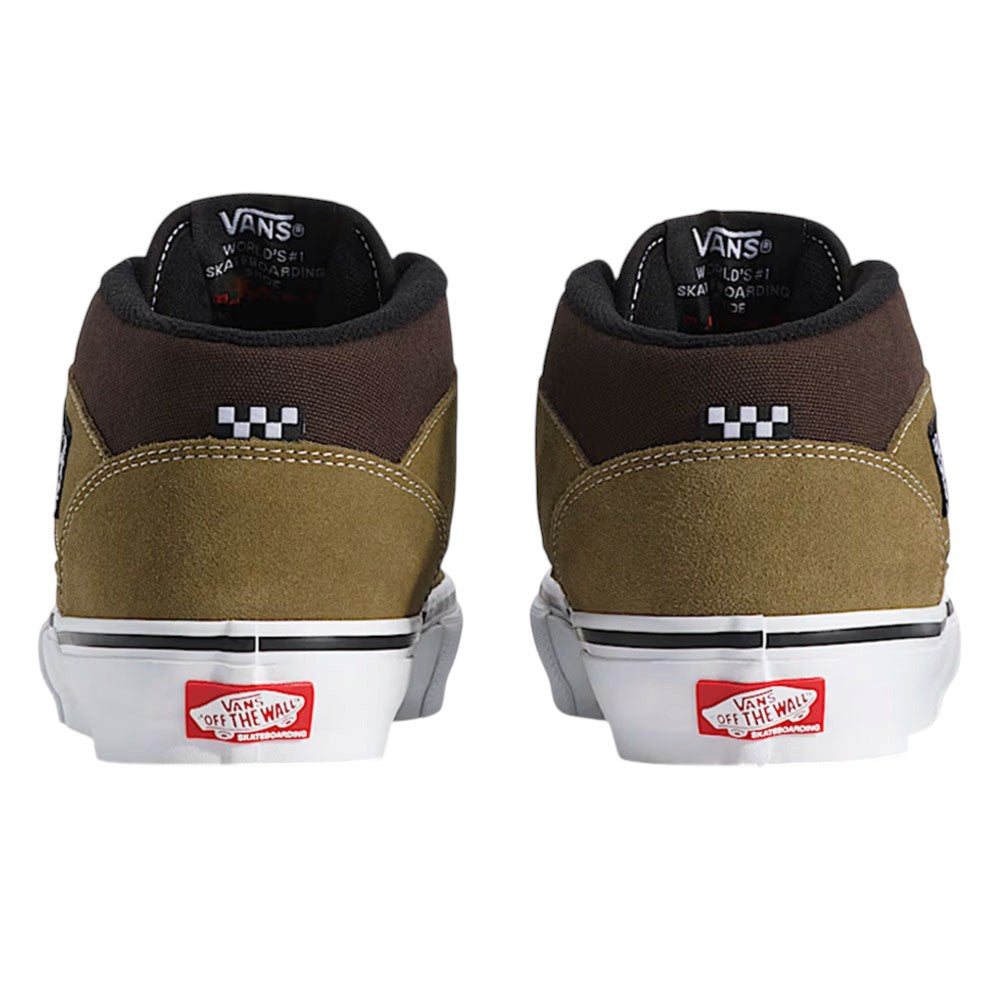 Back view of two olive brown and dark brown Vans Skate Half Cab Olive Brown VN0A5FCDOVB Suede Skateboarding Shoes, designed for impact protection with white rubber soles and red heel license plates.