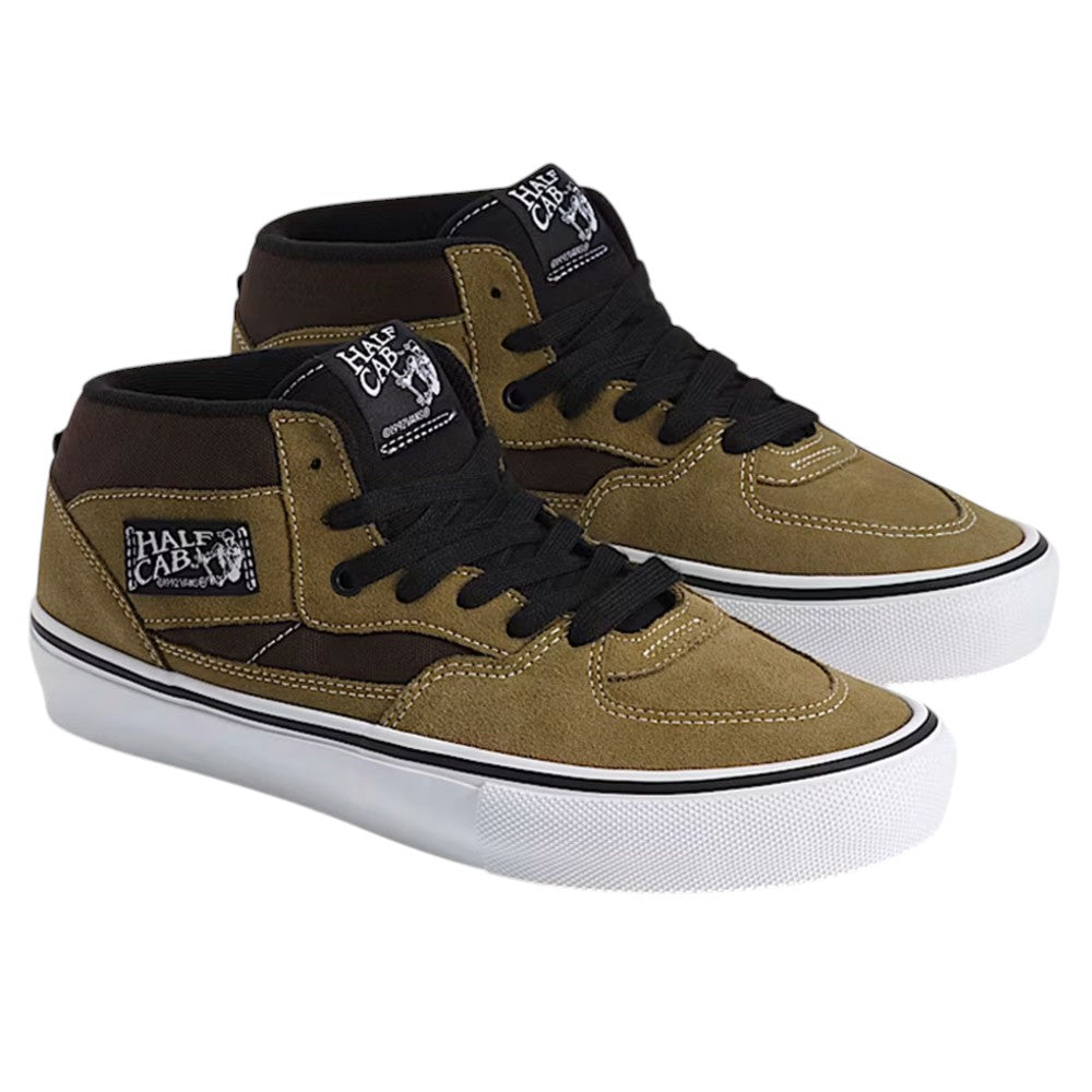 Vans Skate Half Cab Olive Brown VN0A5FCDOVB suede skateboarding shoes in olive brown mid-top style, featuring black laces, a white rubber sole, and a square branded patch on the side.