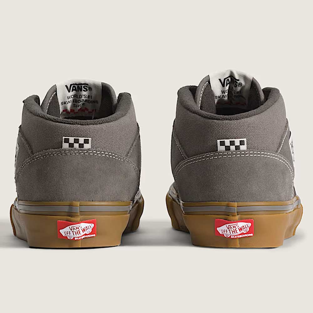 The Vans Skate Half Cab Walnut Gum VN0A5FCD77J1 Suede Skateboard Shoes feature gray uppers, gum soles, red Off The Wall heel tags, checkerboard tongue labels, and PopCush impact protection for comfort.