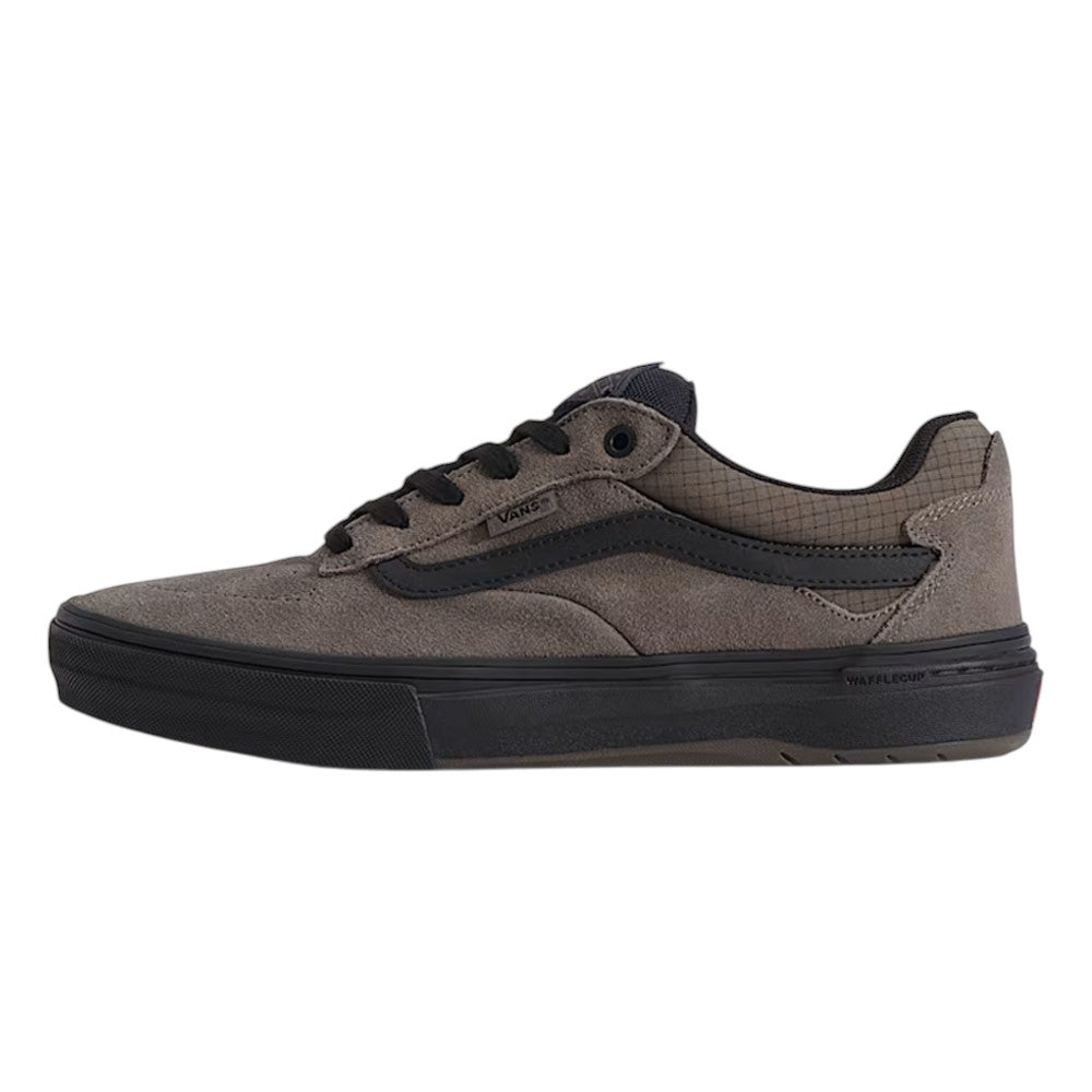 Vans Skate Kyle Walker Wafflecup Ripstop Bungee VN000DA49JC low-top grey suede and ripstop skate shoe featuring a black side stripe, black laces, and a black rubber sole.