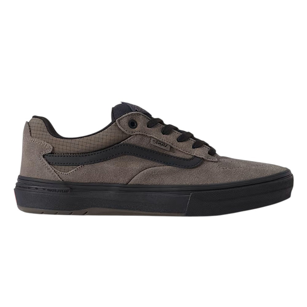 Vans Skate Kyle Walker Wafflecup Ripstop Bungee VN000DA49JC Suede Rubber Skateboarding Shoes in low-top taupe suede with black laces, a black side stripe, and a dark rubber sole.