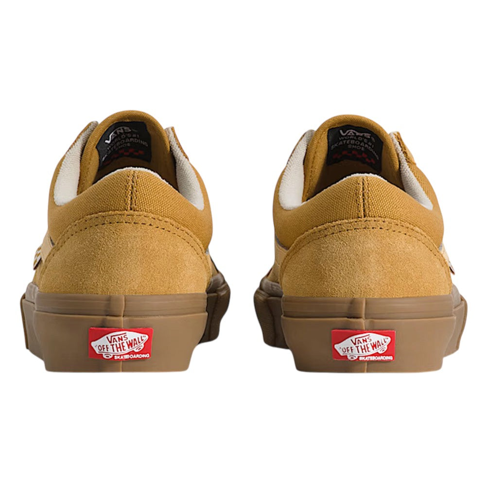 Back view of two brown suede Vans Skate Old Skool Autumn Brown VN000EDNGR8 Suede Rubber Skateboarding Shoes, each featuring a red heel tab with white and black branding.