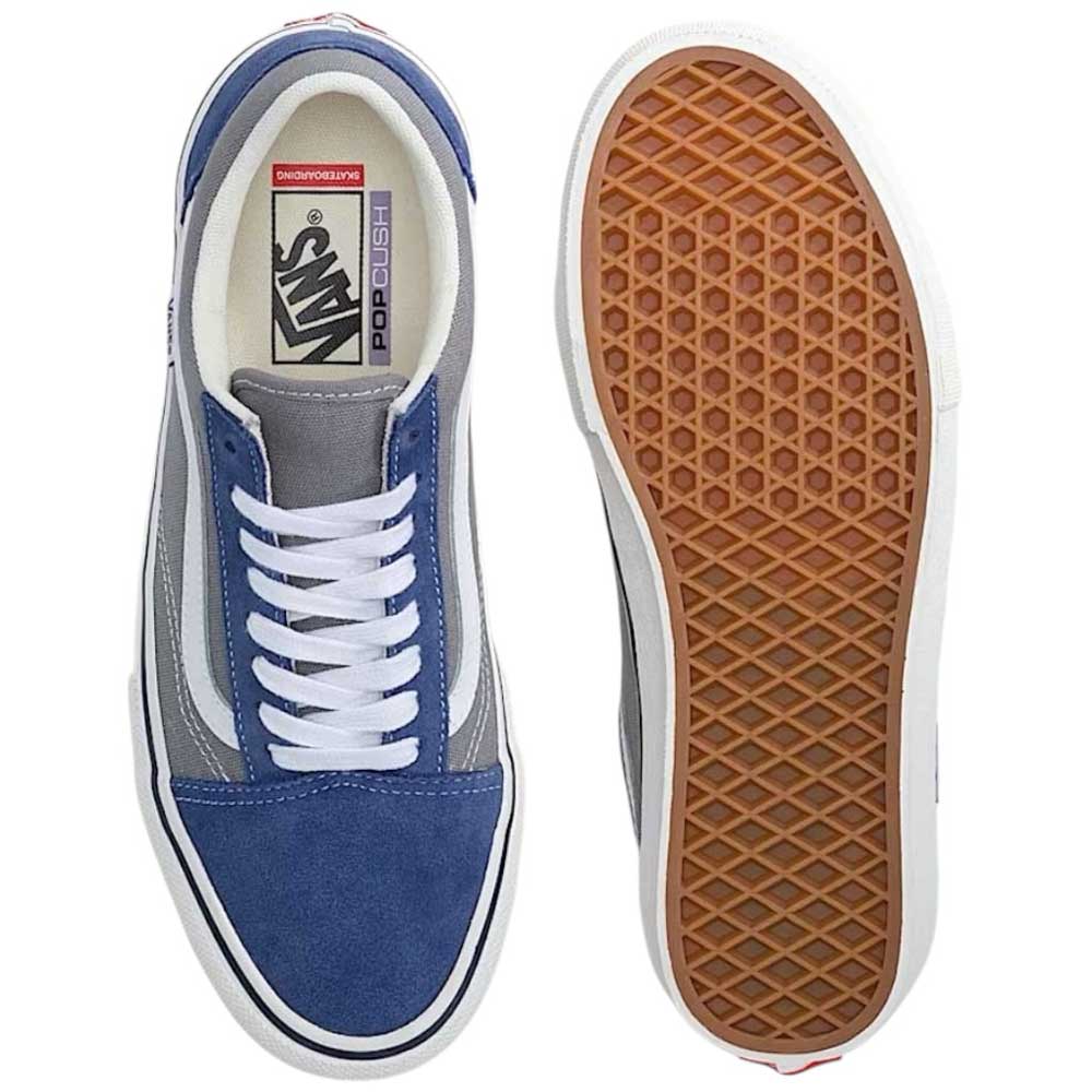 The Vans Skate Old Skool Blue Gray VN000EDNY241 shoes feature blue and gray suede uppers, white laces, classic brown waffle-patterned rubber soles, and PopCush footbeds for enhanced skate comfort. Shown from the top and bottom views.