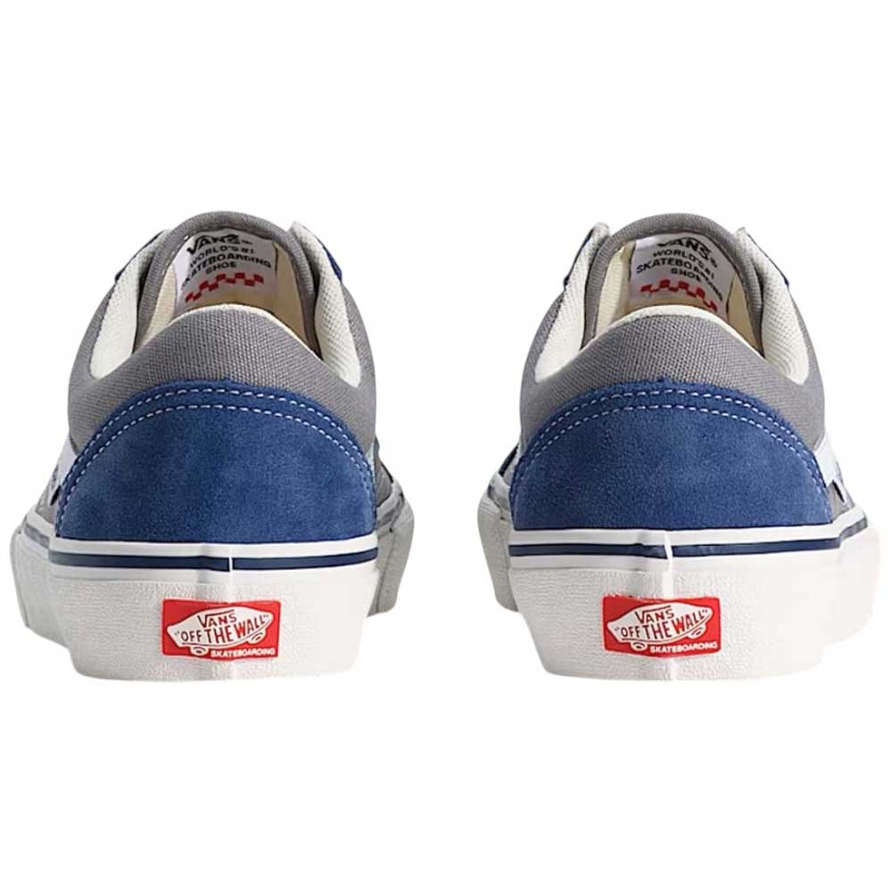 Back view of Vans Skate Old Skool Blue Gray VN000EDNY241 sneakers with blue suede heels, gray canvas uppers, white midsoles, and red Off the Wall heel tabs—classic skate shoes combining style and performance.