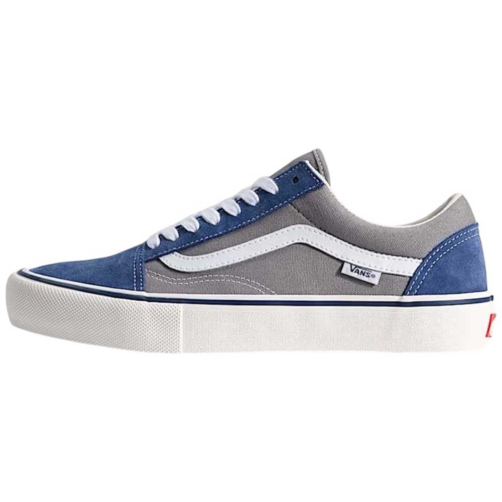 The Vans Skate Old Skool Blue Gray VN000EDNY241 suede rubber shoes feature white laces, a white side stripe, thick white sole, and PopCush footbeds—ideal for all-day skateboarding comfort.
