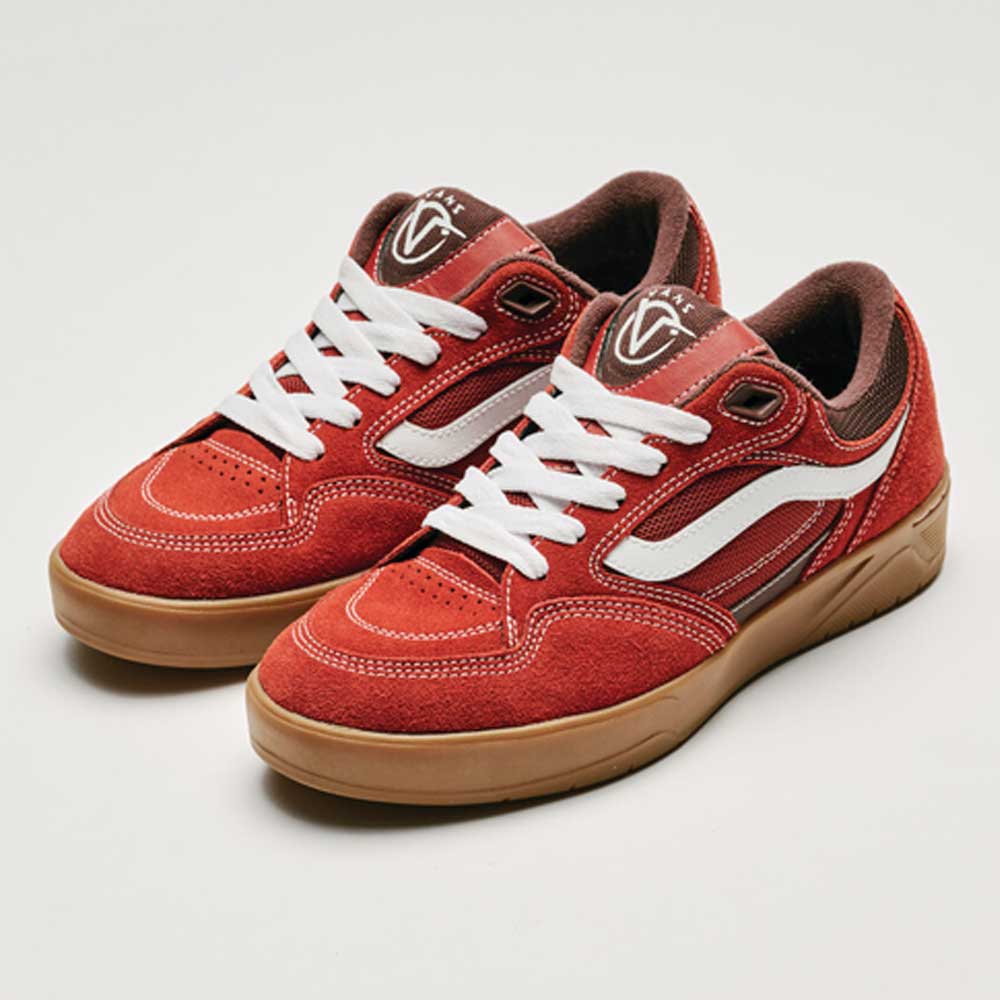 The Vans Skate Rowan Z3 VN000V74BRD Gum Bordeaux Suede Skateboard Shoes feature red suede uppers, white laces, a white wavy side stripe, brown details, and gum rubber soles with impact protection on a plain light background.