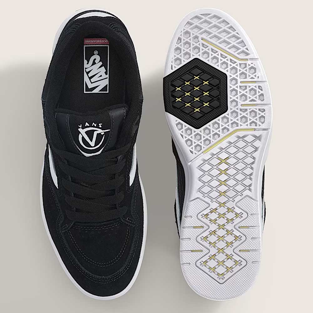 Top-down view of the Vans Skate Rowan Z3 VN000V74BWT1 Black White Red Suede Skateboard Shoes; the left shoe features the Rowan Z3 logo on its tongue, while the right shoe displays a sole with geometric patterns in black, white, and yellow, including a hexagonal textured area near the ball of the foot for enhanced impact protection.