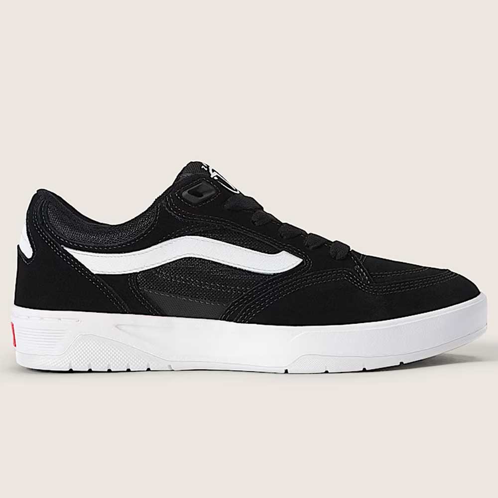 The Vans Skate Rowan Z3 VN000V74BWT1 Black White Red Suede Skateboard Shoes are displayed in side profile against a plain light background, showcasing a black suede upper with a white wave design and a crisp white sole. This model offers enhanced impact protection for exceptional comfort and durability, whether you’re skating or wearing them casually.