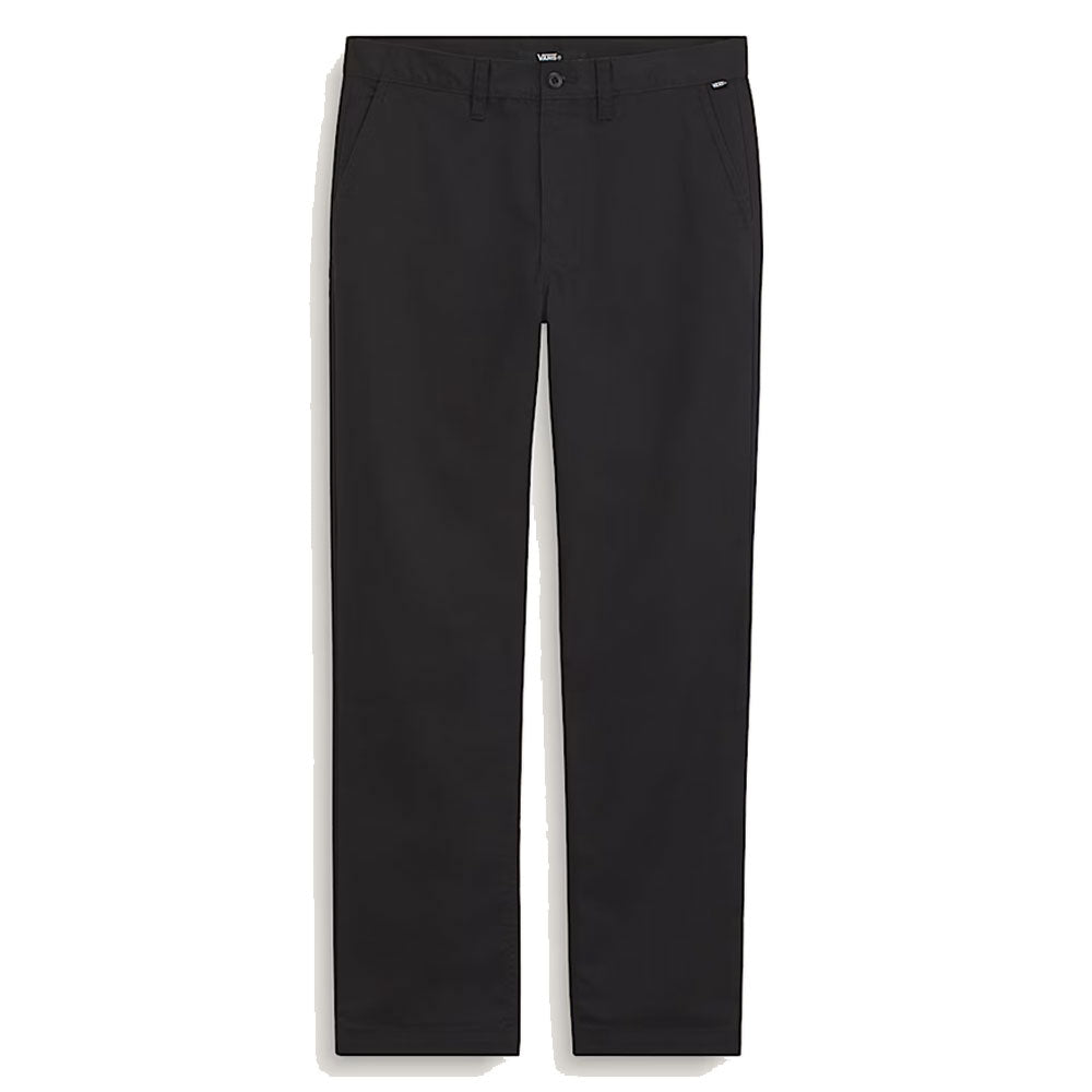 The Vans Straight Chino Black VN000TCXBLK1 Skate Check 5 Pants are relaxed-fit black straight-leg chinos with front pockets and a button closure, made from recycled materials and shown against a white background.