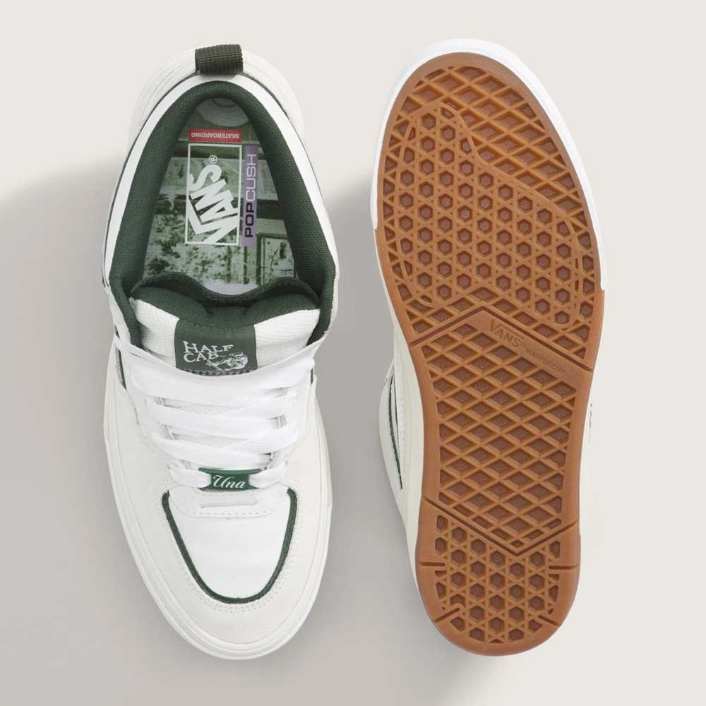 A pair of Vans Skate Half Cab Walnut Gum VN0A5FCD77J1 suede skateboard shoes—one shown from above revealing the tongue and laces, the other highlighting its brown waffle-patterned sole, featuring PopCush impact protection for skateboarding.