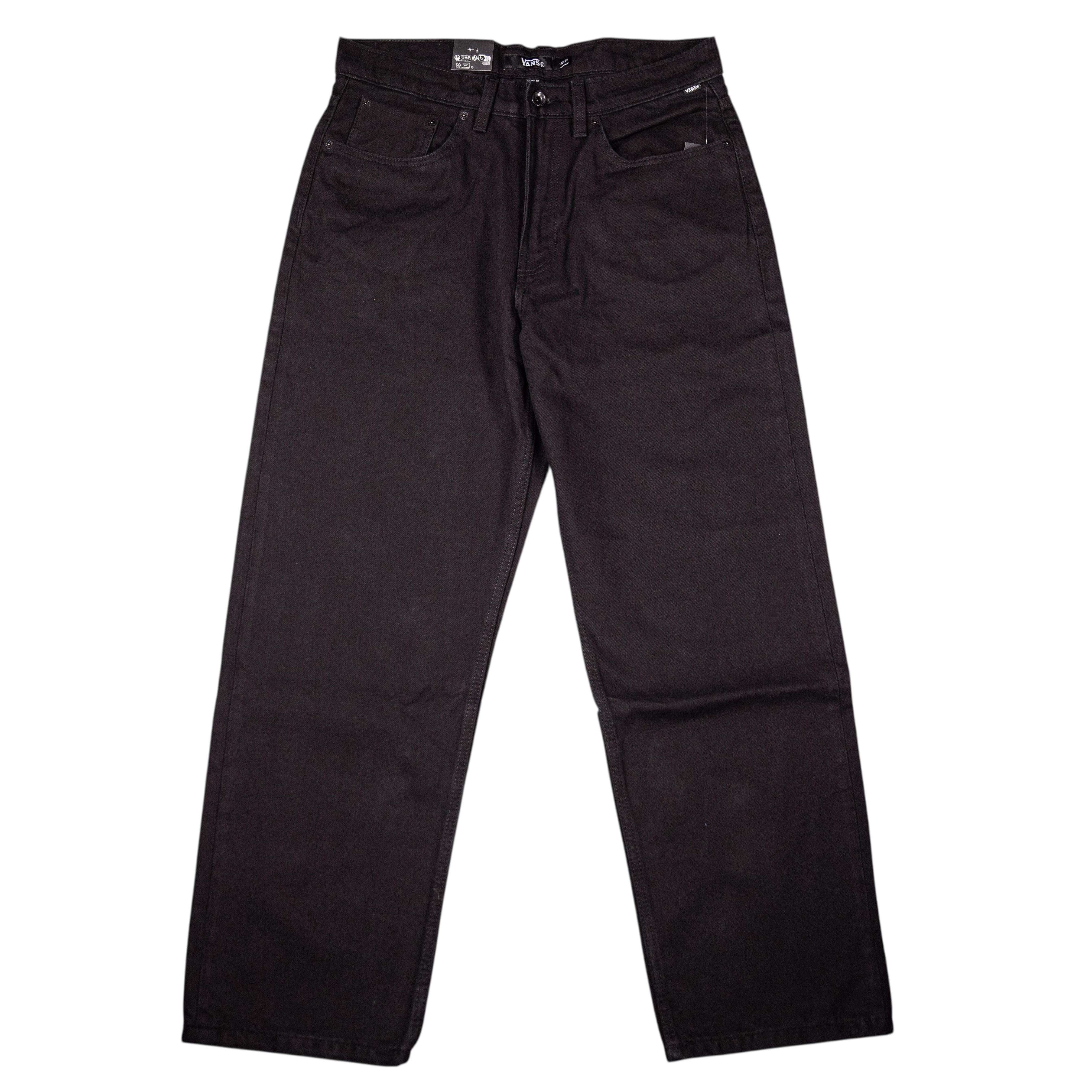 The Vans Loose Denim Black VN000PH6BLK Skate Check 5 Pants are heavyweight straight-leg jeans with front and back pockets, shown flat on a white background—ideal casual skatewear for everyday style.