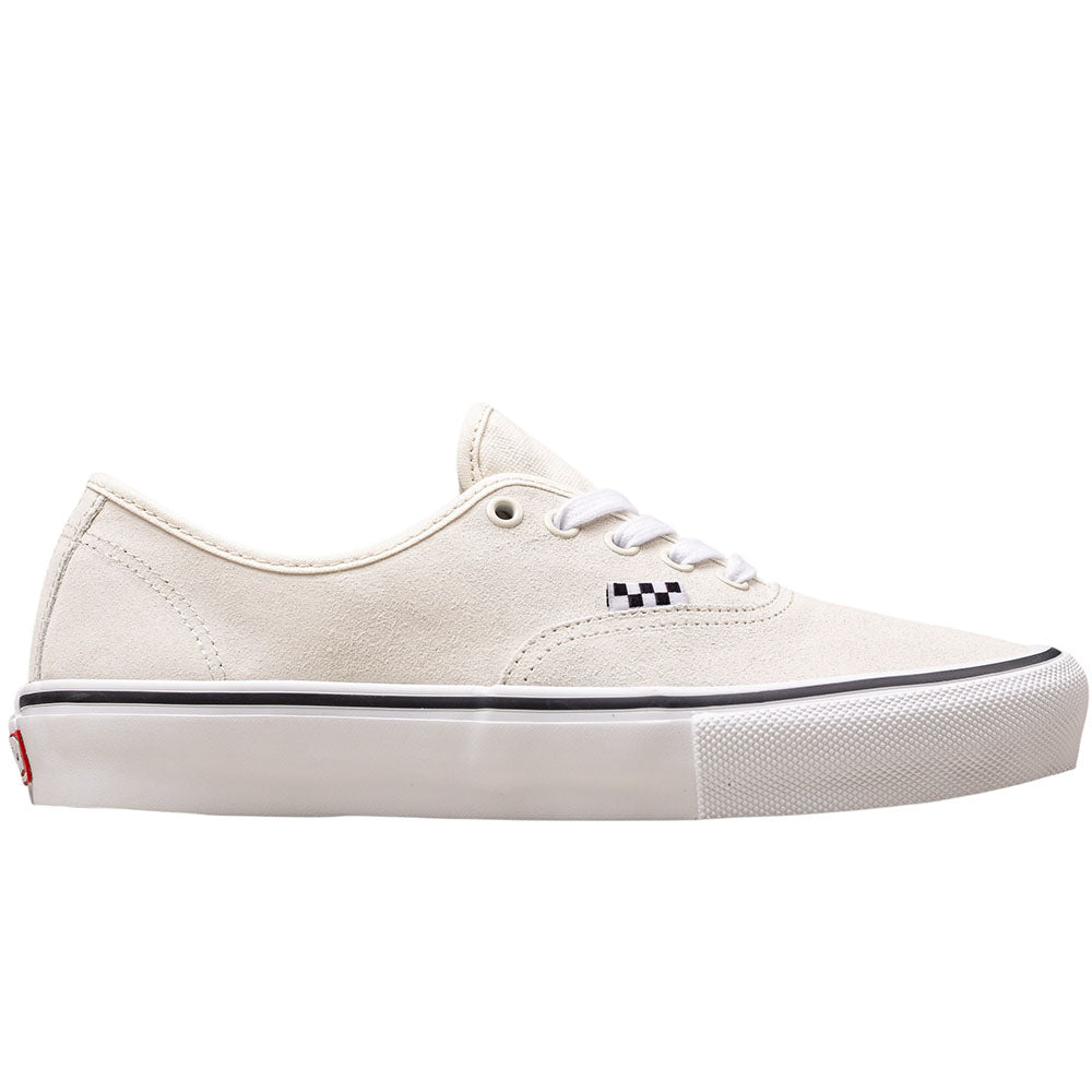 The Vans Skate Authentic White Gunmetal (VNOA5FC8XQL) features white suede, white laces, a black-and-white checkerboard detail by the eyelets, a signature white sole, and red heel tag. Shown side profile on a plain background.