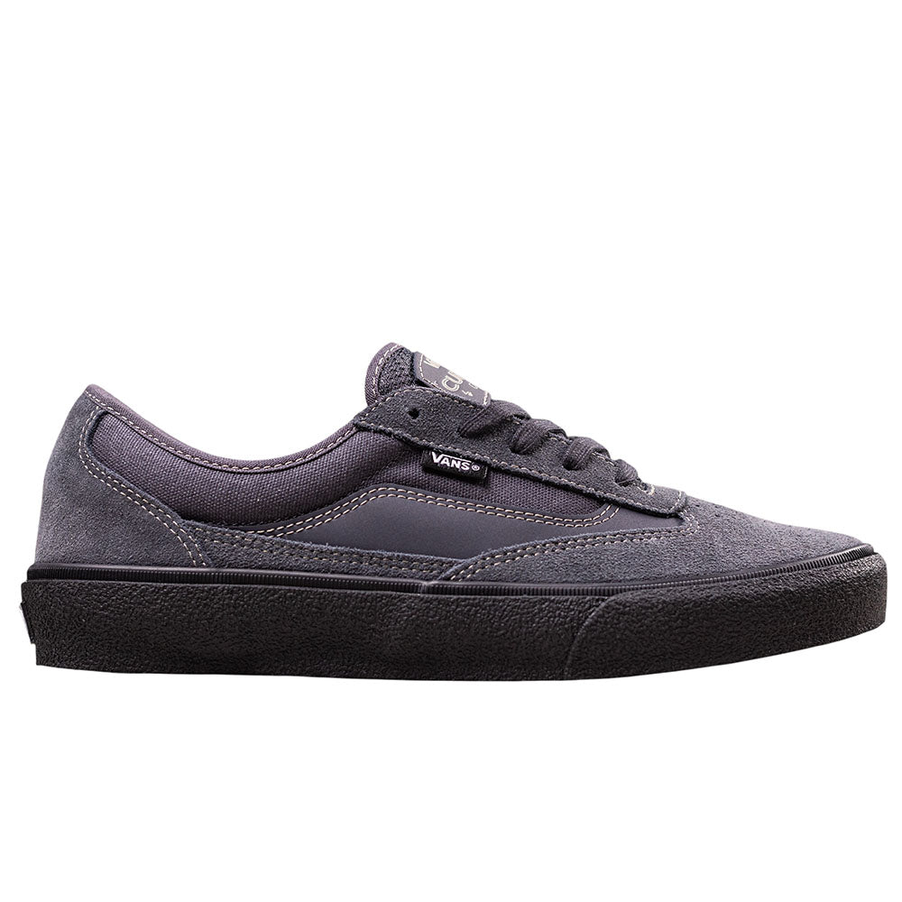 A VN000D85CC81 Skate Curren Caples Charcoal Black Vans suede skate shoe with black sole, black laces, PopCush insole, and Vans logo tag on the side. Side view on a white background.