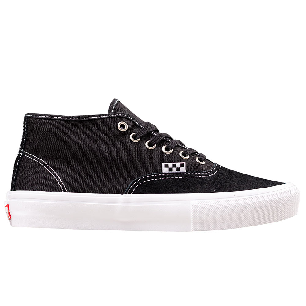 The VN0000EEQY281 Suede Black Authentic Mid Vans Skate Shoes feature a durable black canvas upper with white stitching, white laces, a white rubber sole, and a checkerboard detail—perfect for skateboarding.
