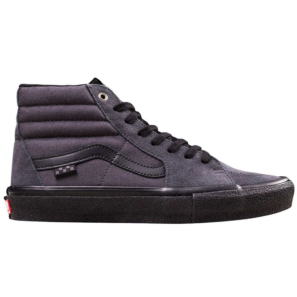 The VN0A5FCCY011 Charcoal Black Skate SK8-HI Suede Vans shoe features black laces, a black rubber sole, and a wavy side stripe. Displayed in classic side profile against a white background.