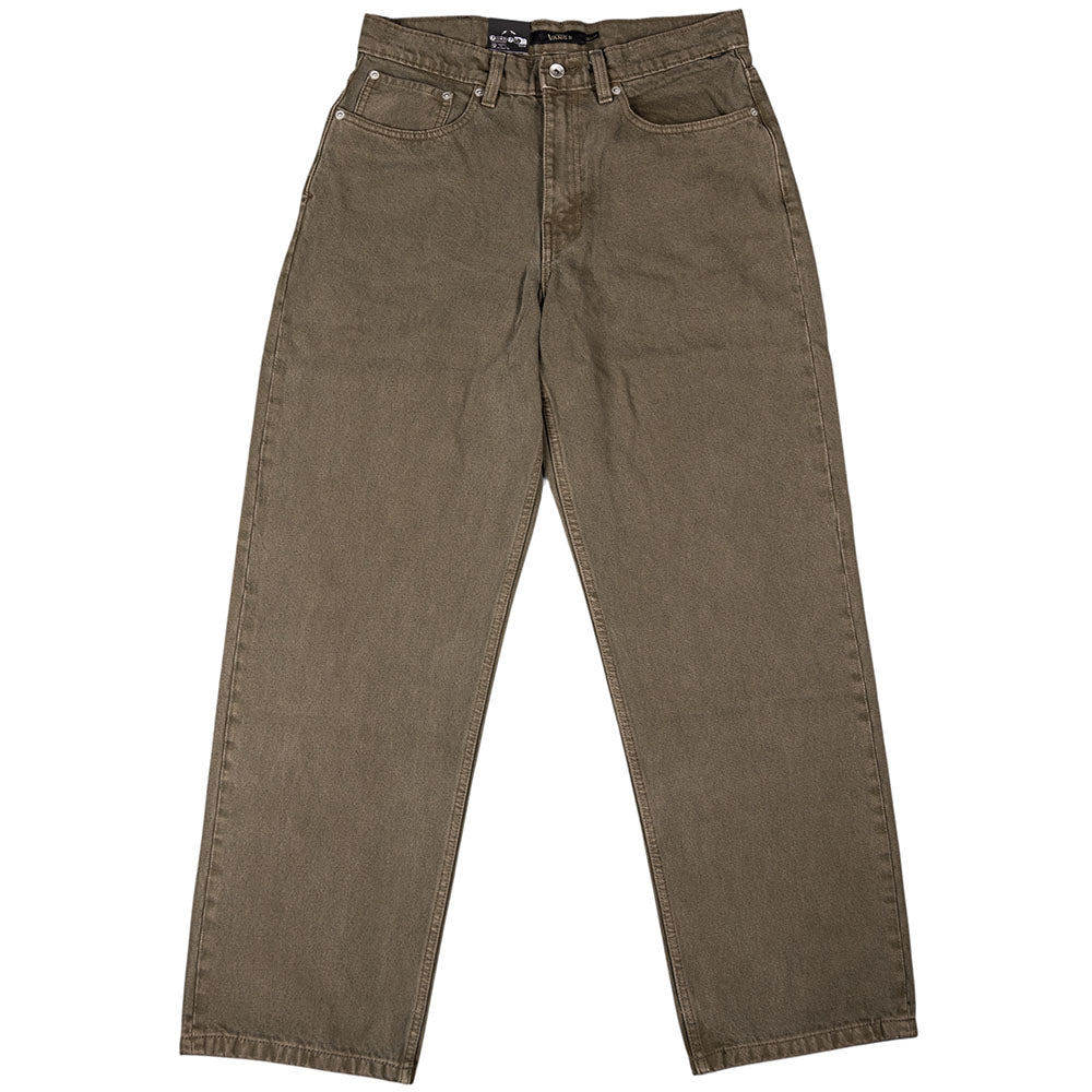 A pair of olive green denim jeans laid flat on a white background, inspired by skate culture with classic five-pocket styling and straight legs—ideal to pair with your Skate Era Wafflecup Black White VN000EF0BA21 Vans Suede Rubber Shoes.