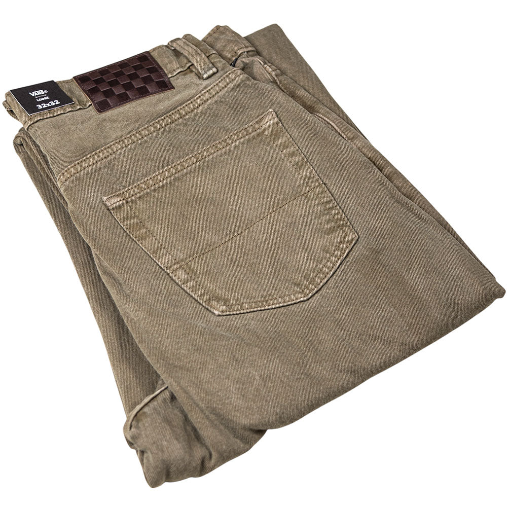 A pair of folded khaki jeans with a visible back pocket and dark brown leather patch on the waistband, placed on a white background—ideal for pairing with your Skate Era Wafflecup Black White VN000EF0BA21 Vans Suede Rubber Shoes.