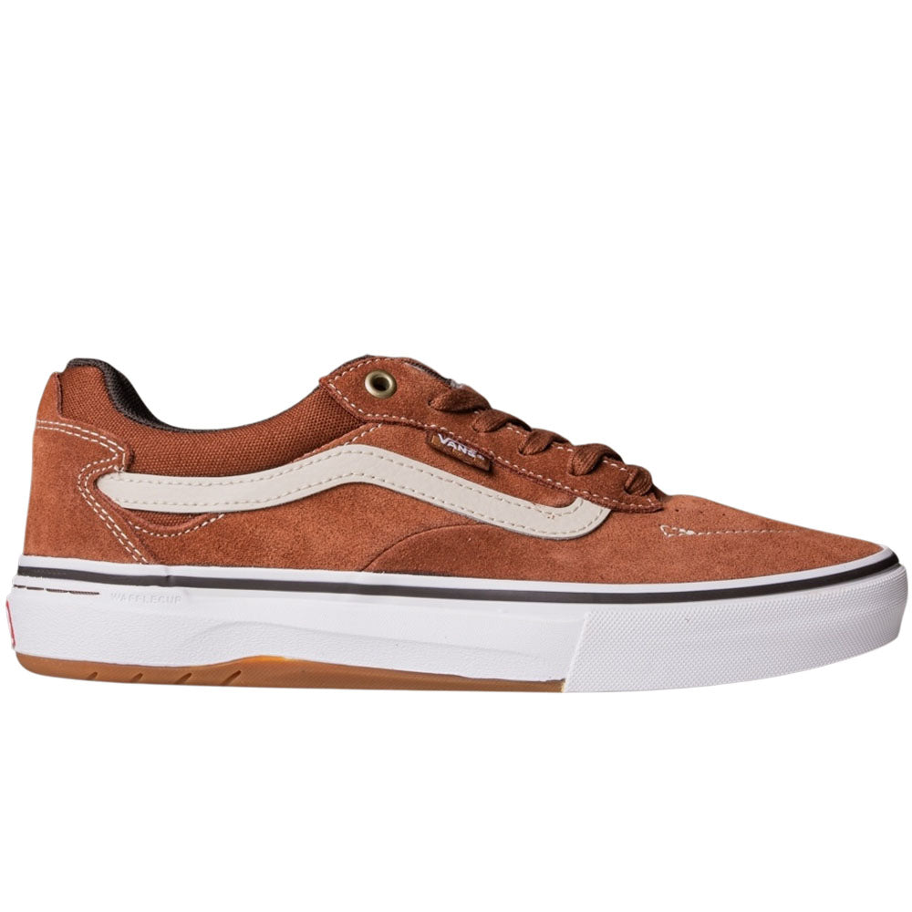 A side view of the Vans Skate Kyle Walker Wafflecup Tortoise Shell VN000DA41RE1 suede skate shoe with white and tan accents, PopCush footbeds, a white rubber sole, brown laces, and the classic Vans stripe on the side.