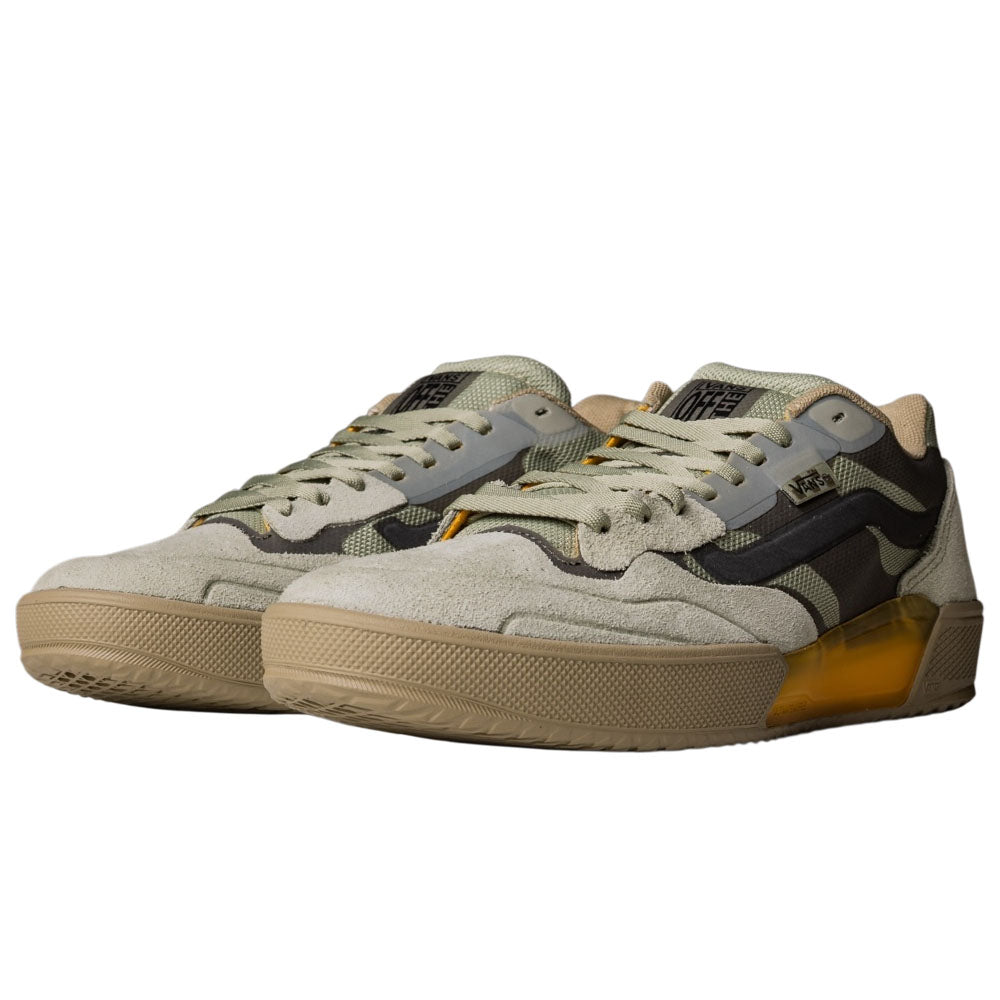 The Vans Skate Ave 2.0 Sage VN000DA1SAG1 Suede Skateboarding Shoes feature beige and olive tones, suede accents, mesh panels, a black stripe, yellow side detail, and a translucent brown UltimateWaffle sole—perfect for skate style fans.