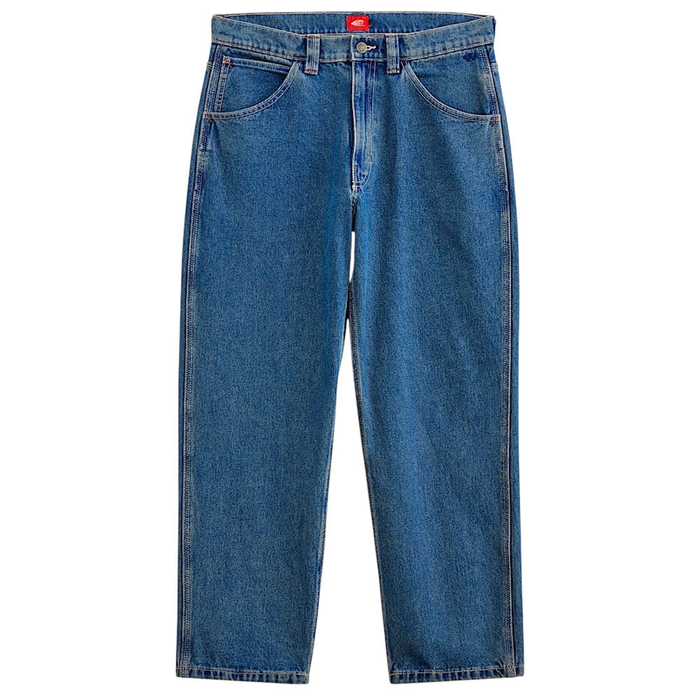The Vans Loose Denim Stonewash Blue VN000PH6CDX Skate Check 5 Pants are heavyweight, straight-leg jeans with five pockets and visible stitching, displayed flat on a white background.