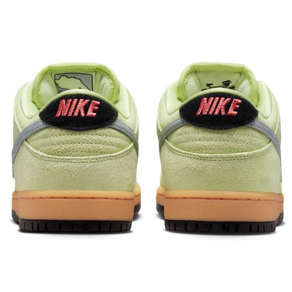 Back view of the Verdugo Mountain Dunk Low Pro HQ1626300 Nike SB suede shoes in Light Liquid Lime/Wolf Grey/Black, featuring gum soles, black heel tabs, bright pink NIKE text on the back, grey accents, and a soft suede finish.