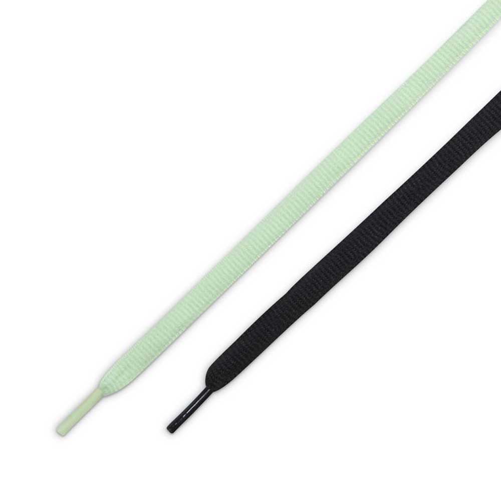 Two flat shoelaces—one light liquid lime, one wolf grey-black—laid side by side on white, perfectly complementing Verdugo Mountain Dunk Low Pro HQ1626300 Nike SB suede shoes.