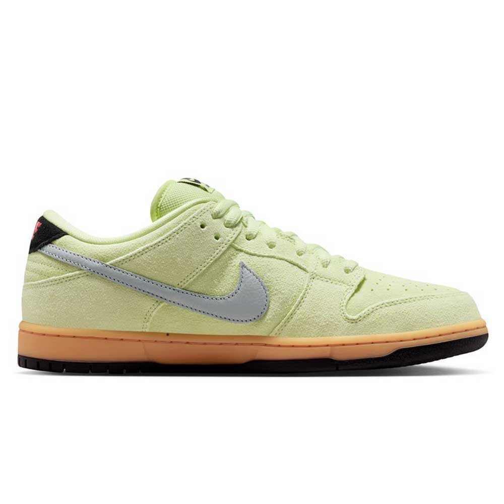 The Verdugo Mountain Dunk Low Pro HQ1626300 by Nike SB features a light liquid lime suede upper, wolf grey silver swoosh, light orange midsole, and black outsole—a standout sneaker in a sleek side-profile on a white background.