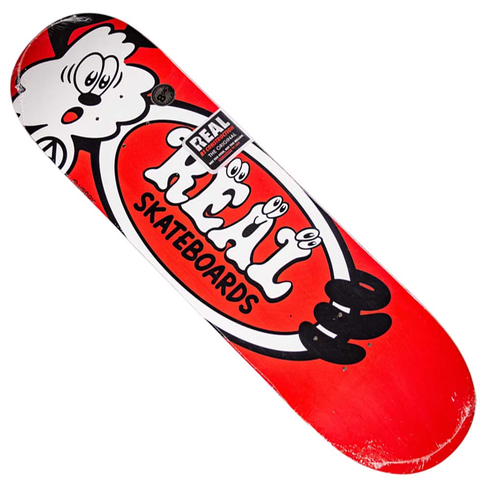 The Verdy Oval 8.06 Real Skateboard Deck Skateshop Day features a unique cartoon cloud face and "REAL SKATEBOARDS" in playful, eye-catching letters—ideal for collectors and fans of limited skateboarding releases.