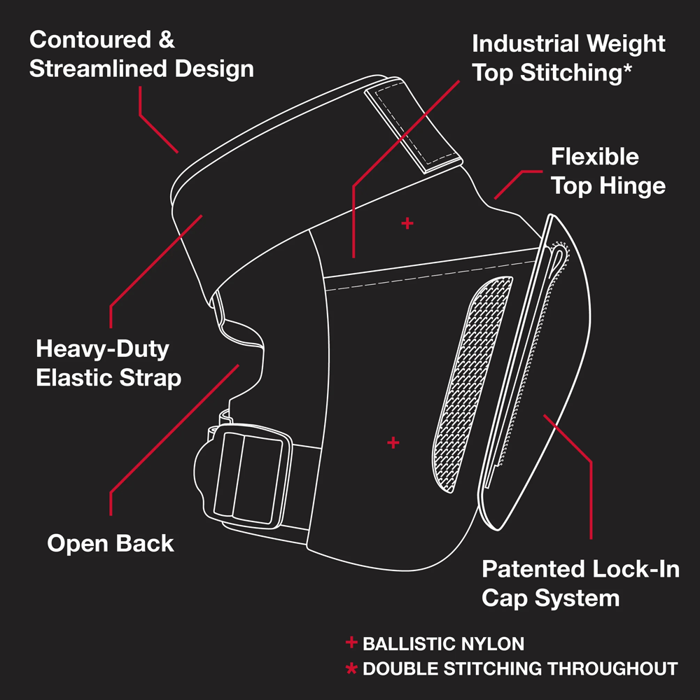 Line drawing of Vert Knee Pads Protec Black with features labeled: contoured design, heavy-duty elastic strap, open back, Flexible Hinge design, industrial stitching, patented lock-in cap system, ballistic nylon—ideal for vert skating.