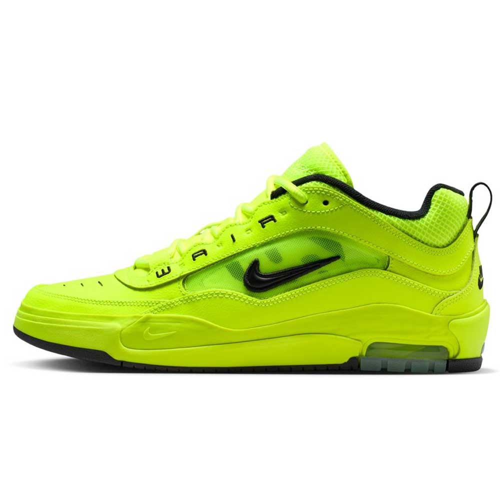 The Volt Black IB6212701 Air MAX Ishod Nike SB Skateboarding Shoe features a neon yellow color, black accents and laces, Max Air cushioning in the heel, Nike swoosh logos on the side and heel tab, and a sporty low-top design.