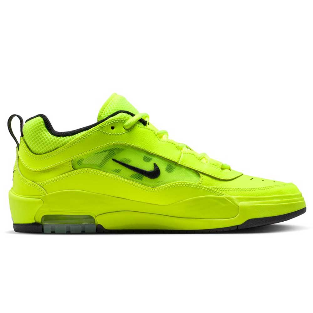 The Volt Black IB6212701 Air MAX Ishod Nike SB Skateboarding Shoes feature a neon yellow design with black accents, mesh and synthetic overlays, and Max Air cushioning for comfort, blending skate style with sporty details.