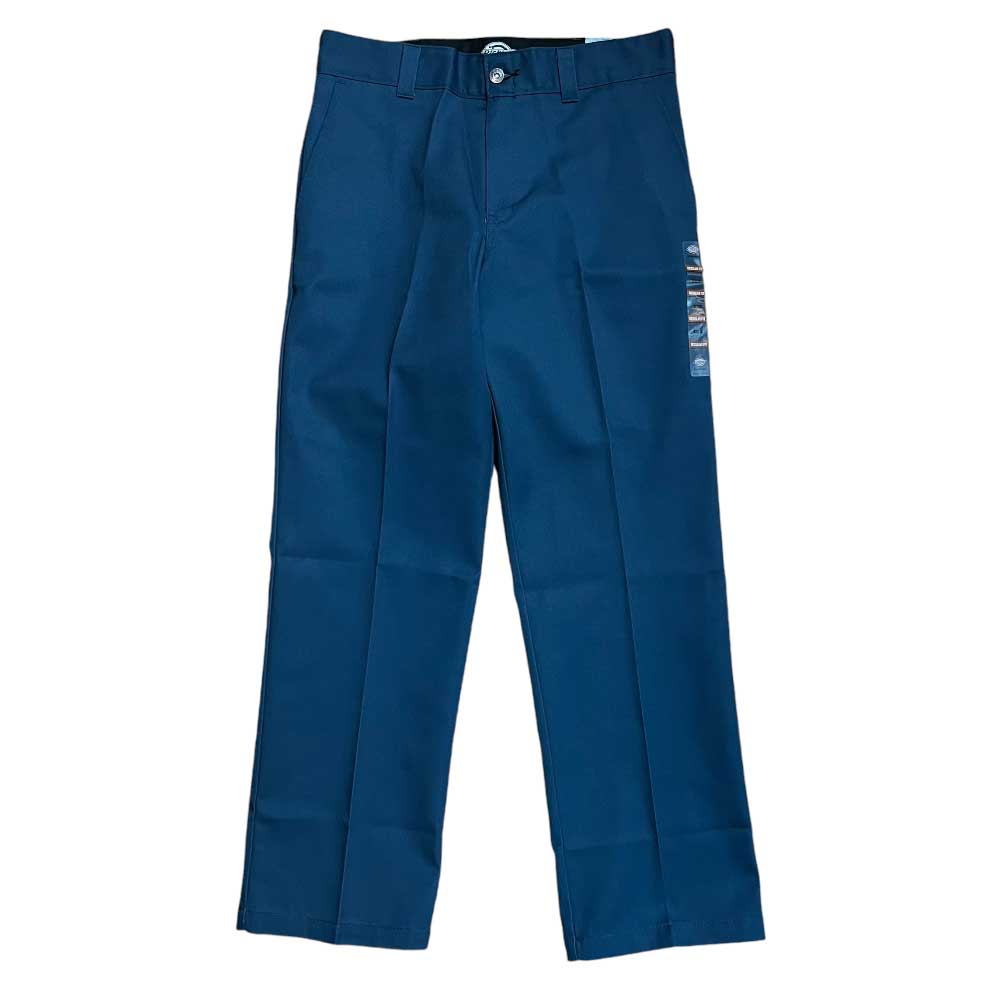 The WPSK67AF Airforce Blue Dickies Skateboarding Pant features a regular fit, straight-leg, belt loops, and button closure. Shown laid flat on a white background with a tag attached to the right side.