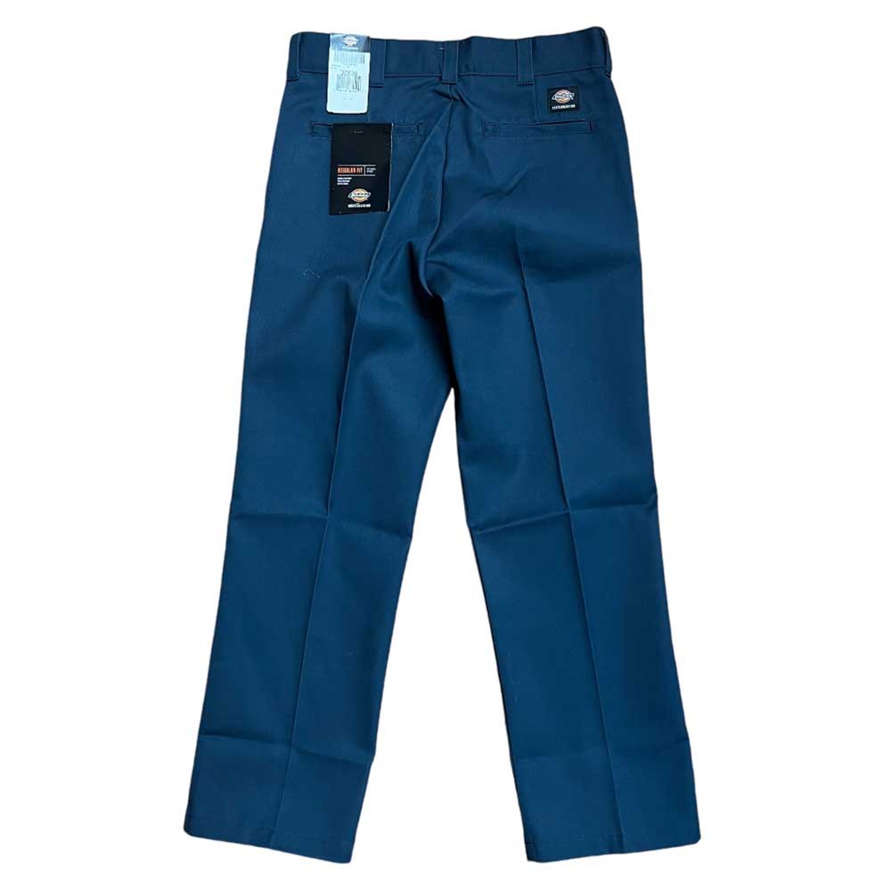 A WPSK67AF Airforce Blue Dickies Skateboarding Pant Regular Fit Twill with tags attached, displayed flat on a white background. The back pockets and belt loops are visible, highlighting the regular fit style.