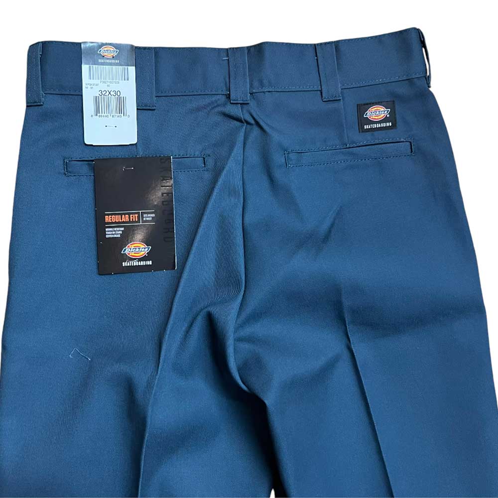 A pair of WPSK67AF Airforce Blue Dickies Skateboarding Pant Regular Fit Twill, size 32 x 30, new with tags, shown from the back with two pockets and the Dickies logo above the right pocket.