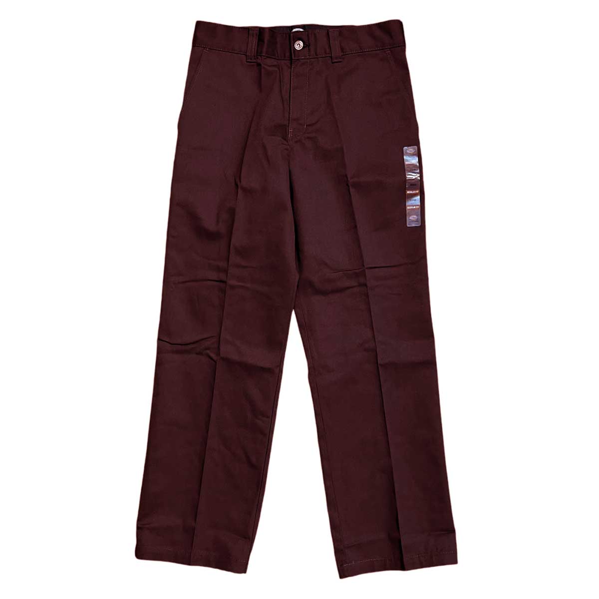A pair of WPSK67MR Maroon Dickies Skateboarding Pant Regular Fit Twill with straight legs and button-zip closure, shown flat on a white background. Tags are attached near the right side of the waistband.